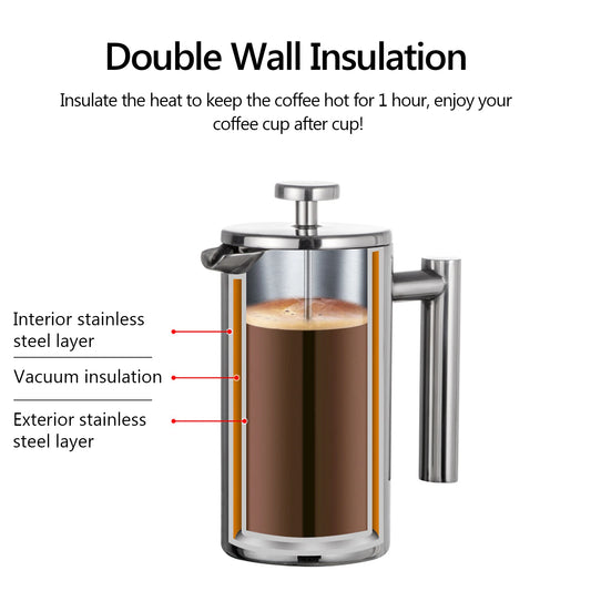 Premium French Press Coffee Maker - Double Wall Stainless Steel (350ml/800ml/1000ml)