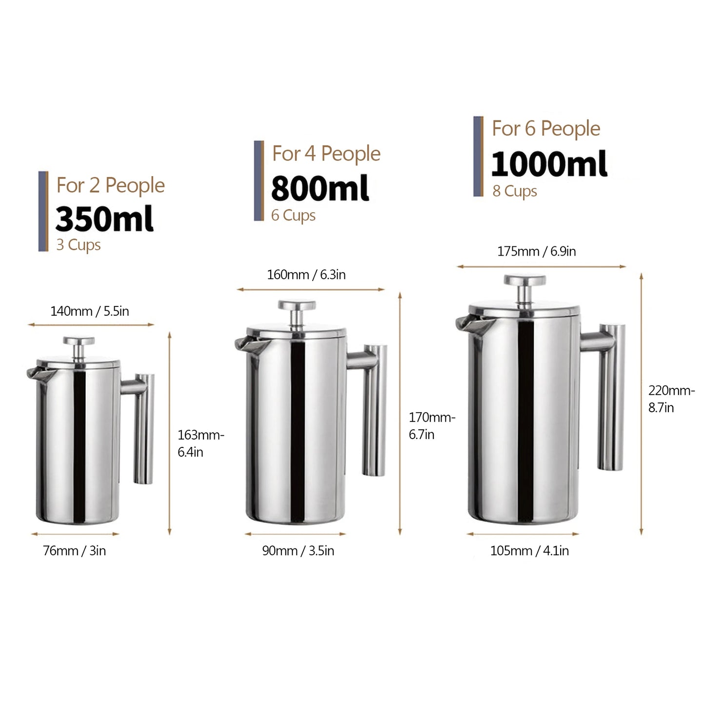 Premium French Press Coffee Maker - Double Wall Stainless Steel (350ml/800ml/1000ml)
