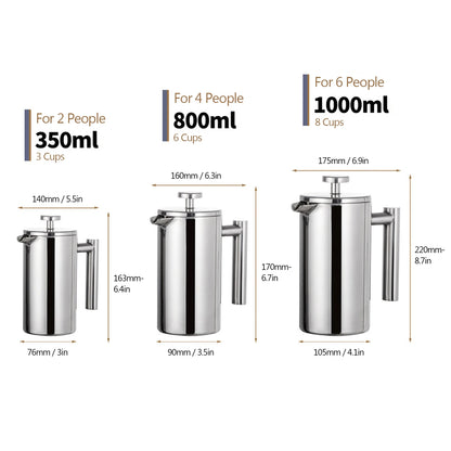 Premium French Press Coffee Maker - Double Wall Stainless Steel (350ml/800ml/1000ml)