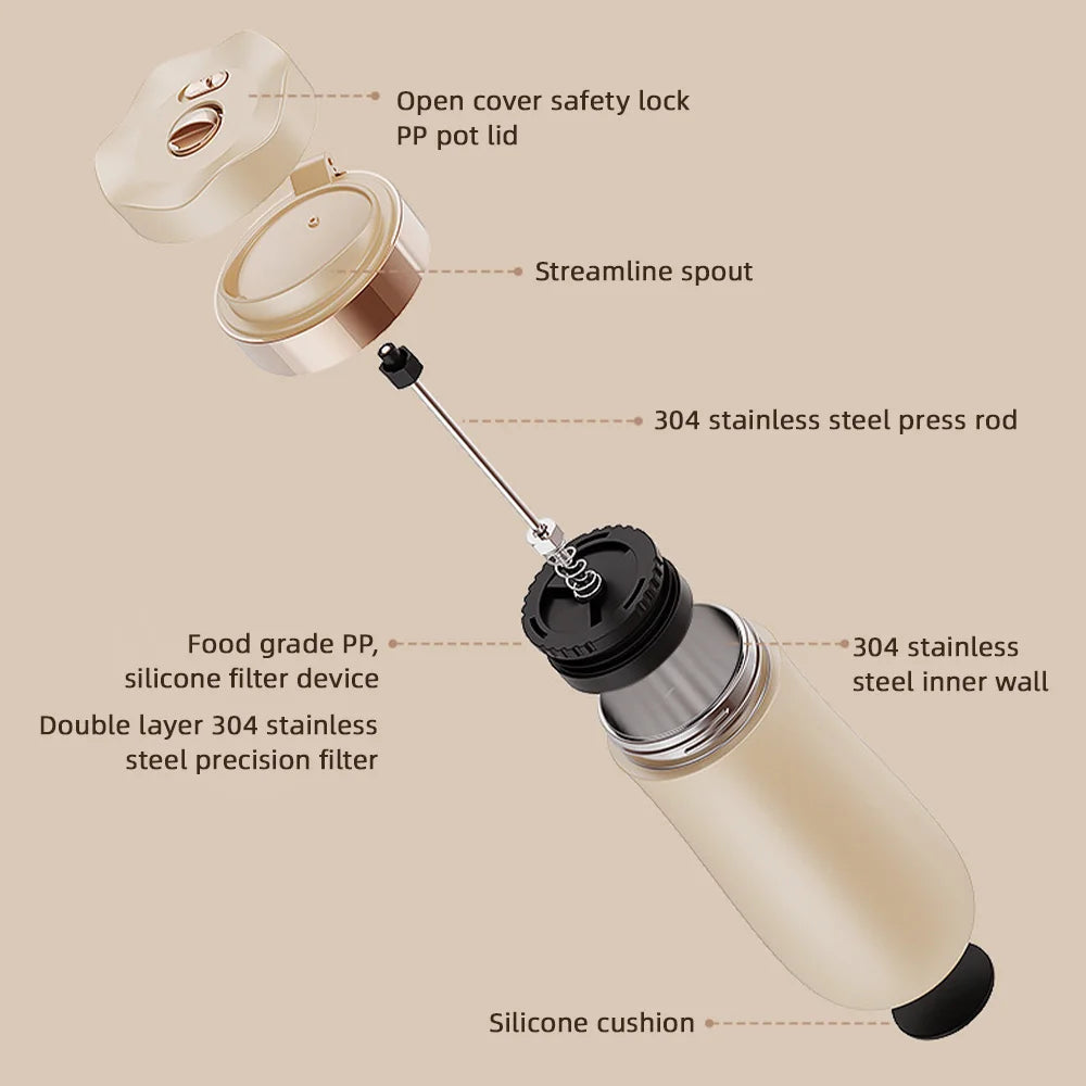 Premium Portable French Press Travel Mug - 320ml Stainless Steel Coffee Companion