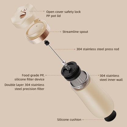 Premium Portable French Press Travel Mug - 320ml Stainless Steel Coffee Companion
